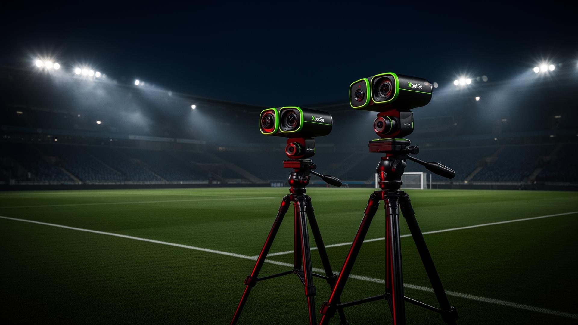 Twee XbotGo Falcon camera's op statief langs het voetbalveld